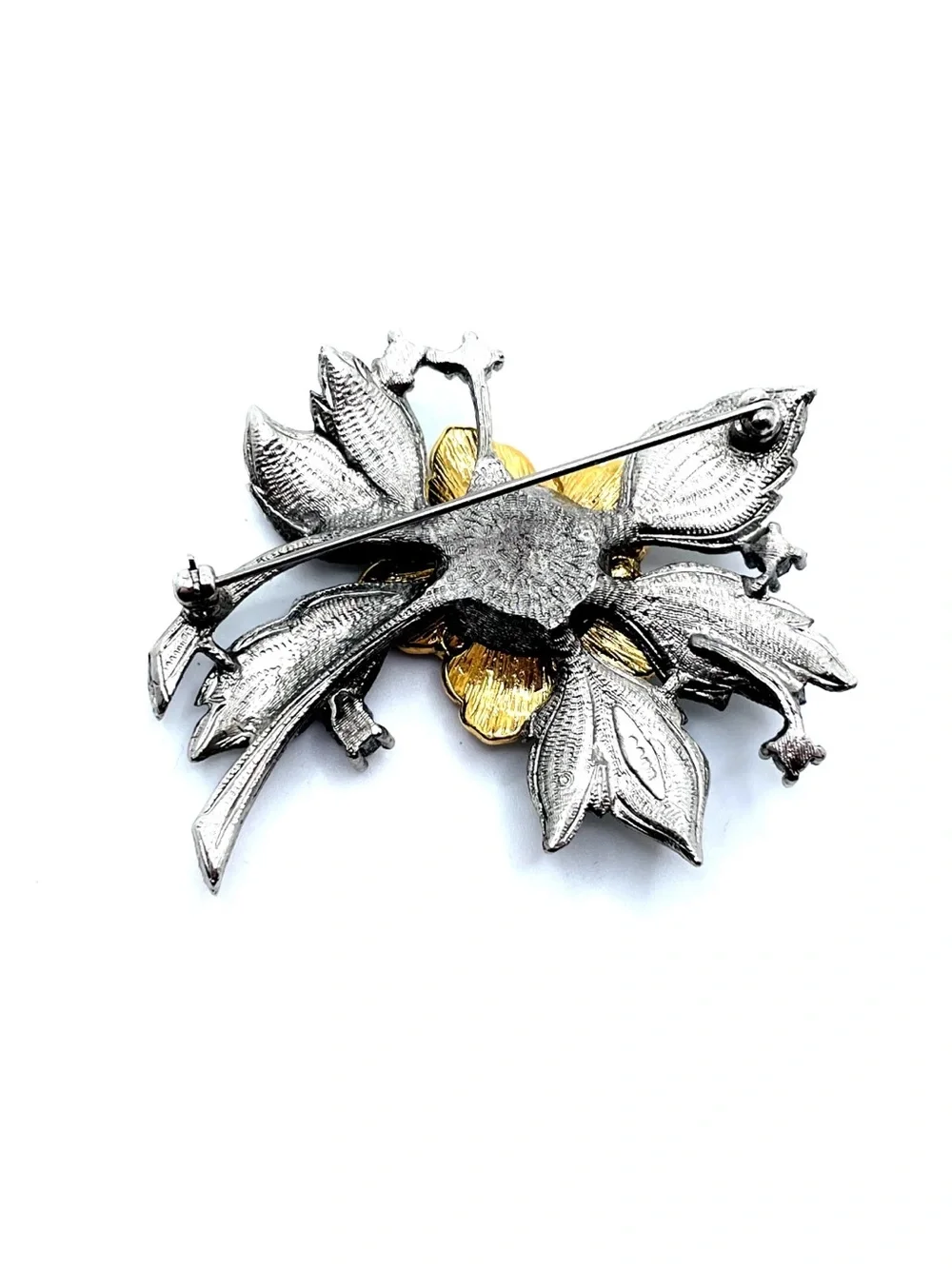 Vintage AVON Signed Floral Brooch Silver Gold Tone Red Rhinestone Faux Pearl Pin